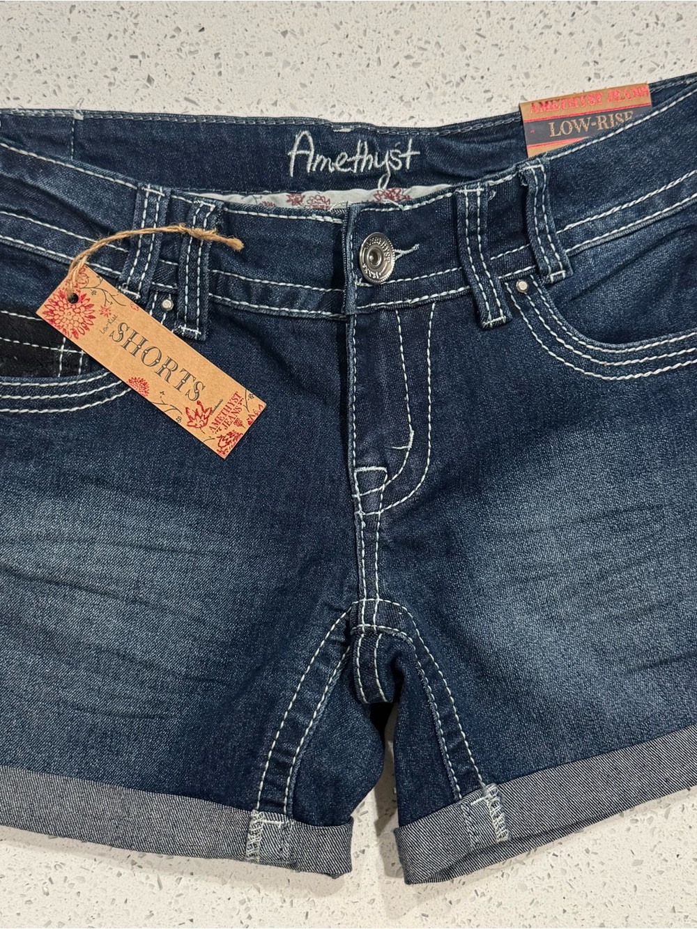 Amethyst Jeans Women's Dark Blue Denim Cuffed Low-Rise Shorts